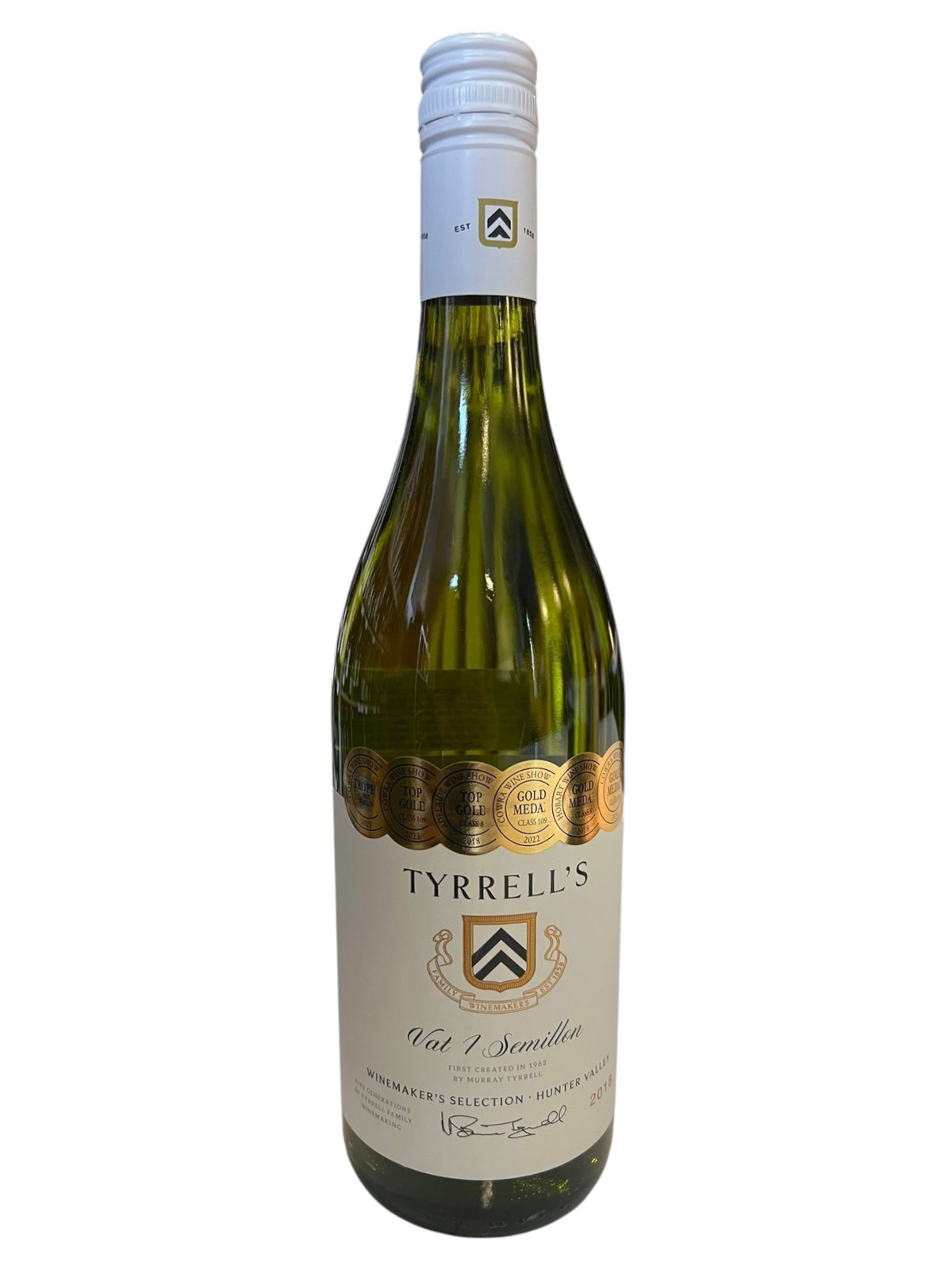 A bottle of TYRRELL'S VAT 1 SEMILLION 2018 from WINE: WINEBOW sits on a white table, with shelves of Hunter Valley wine and other bottles filling the background in the wine shop.