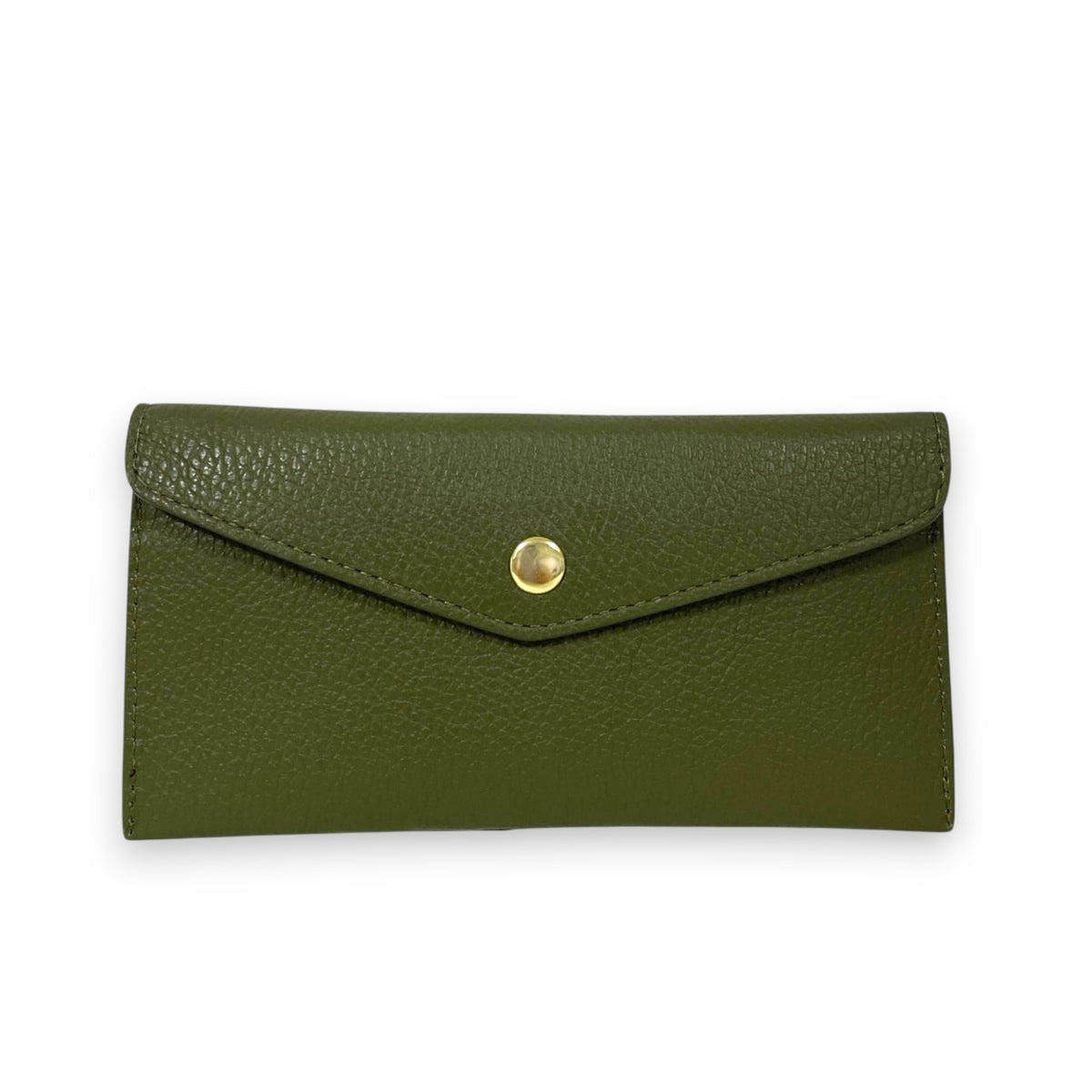 The LE BORSETTE LEATHER ENVELOPE STYLE WALLET, in green leather with a gold button snap and classic Italian design, is shown against a plain white background.