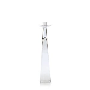 The ZODAX AMIN GLASS CANDLEHOLDER MEDIUM is a tall, clear glass holder with a sleek modern design, narrow base widening upwards, and a small top platform. Dimensions: 3.5 in x 15.75 in (8.89 cm x 40.01 cm).