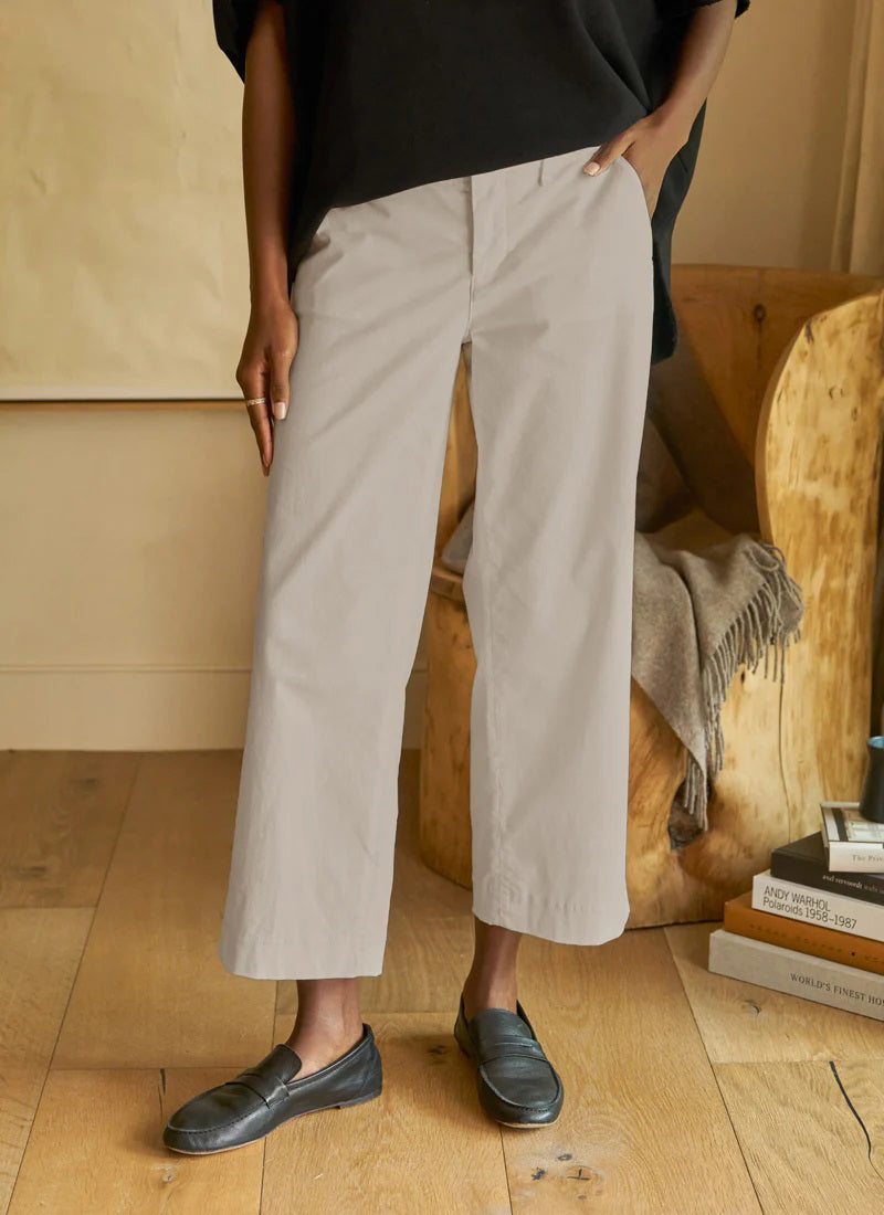 The FRANK &amp; EILEEN Westport Italian Wide Leg Chino in Cement features belt loops, side pockets, and a front zipper, shown laid flat on a white background.