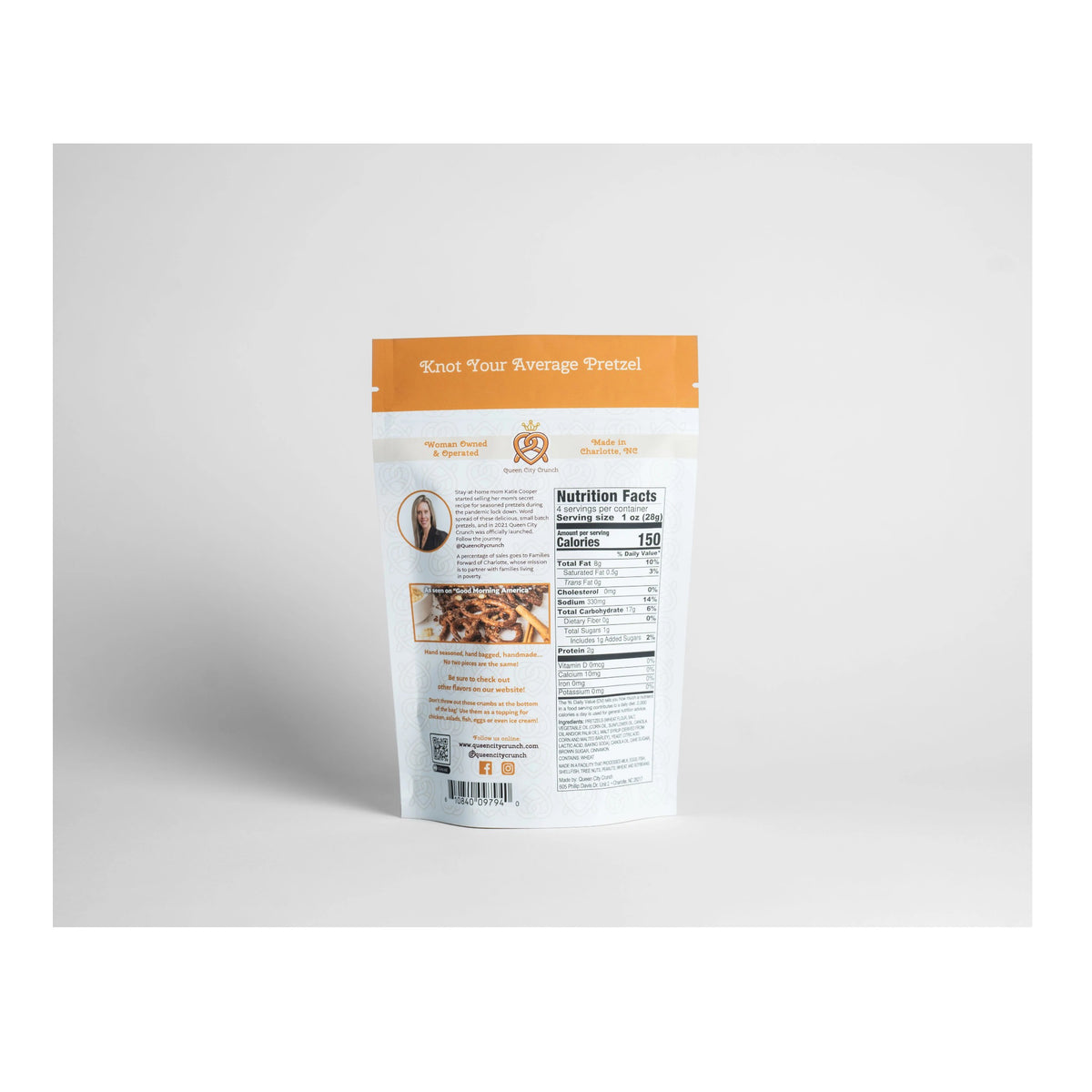 A white pouch labeled &quot;QUEEN CITY CRUNCH - CINNAMON SUGAR&quot; features a crowned pretzel and the phrase &quot;Knot Your Average Pretzel&quot; at the top, hinting at craveable sweet-and-salty cinnamon sugar snacks.