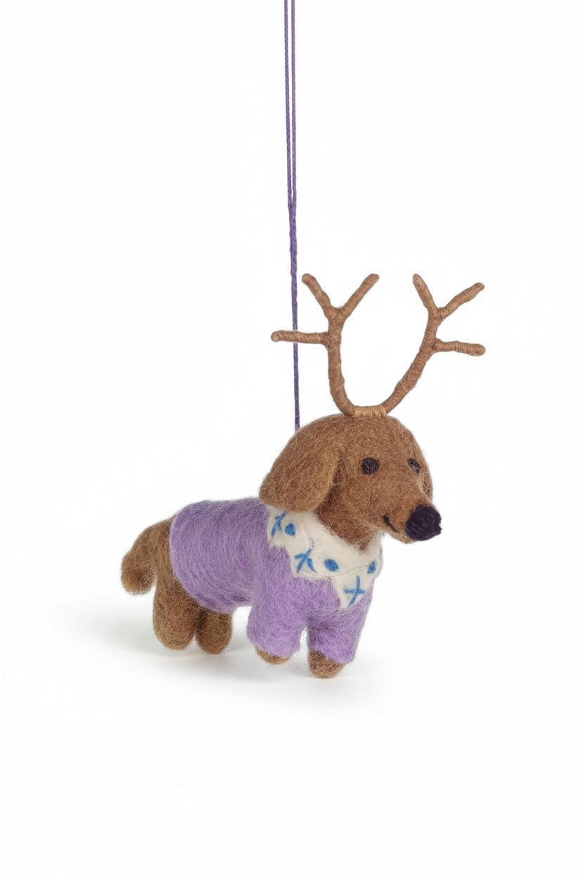 RUDY DACHSUND ORNAMENT, a handmade needle felt dachshund wearing a lavender sweater and reindeer antlers.