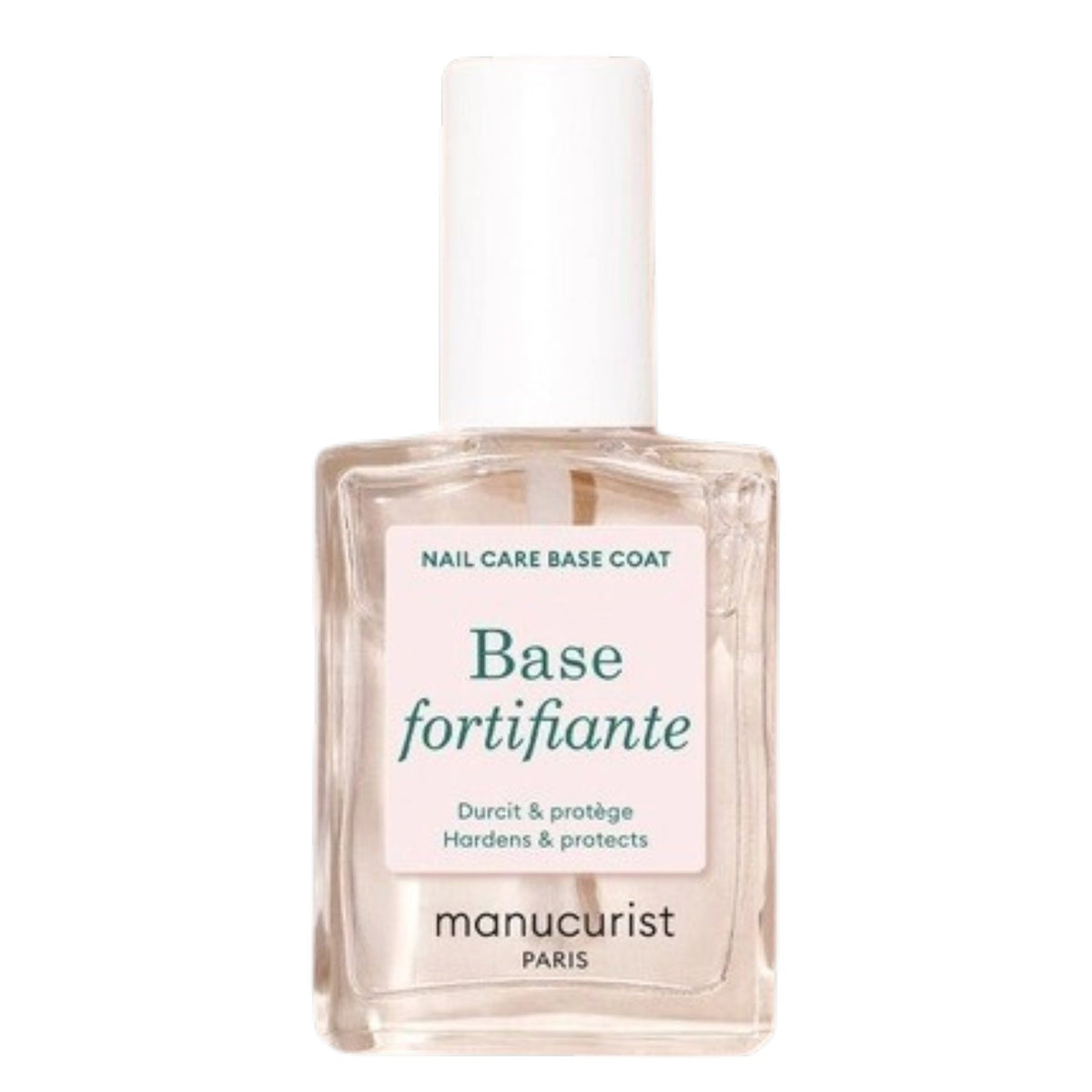 A clear bottle of MANUCURIST INC MANUCURIST - FORTIFYING BASE COAT vegan nail care, featuring a white cap and green lettering on the label, designed as a nourishing base to strengthen nails and promote healthy growth.