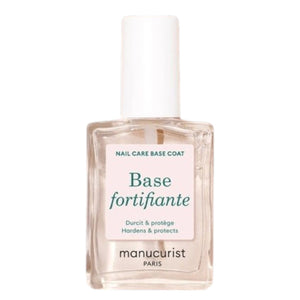 A clear bottle of MANUCURIST INC MANUCURIST - FORTIFYING BASE COAT vegan nail care, featuring a white cap and green lettering on the label, designed as a nourishing base to strengthen nails and promote healthy growth.