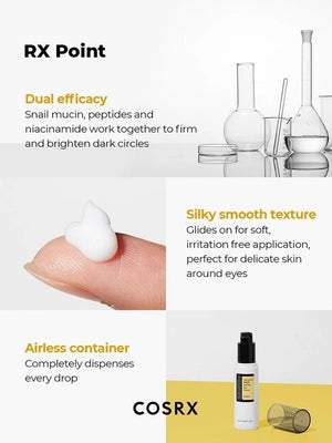 Infographic featuring KOSMIC KBEAUTY SKINCARE’s COSRX - ADVANCED SNAIL PEPTIDE EYE CREAM (25ML): highlights include 73.6% snail secretion filtrate for intense hydration, a 5-peptide complex to boost skin elasticity, betaine & sodium hyaluronate for moisture retention, and allantoin & panthenol for gentle eye area care—each benefit visually paired with an image of a white cream blob.