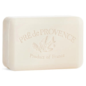 A rectangular bar of white, shea-enriched soap with rounded edges. The soap is embossed with a bird carrying a sprig and the text "SEA SALT BAR SOAP 150G Product of France." This French-milled European Soaps, LLC product ensures luxurious quality and care.