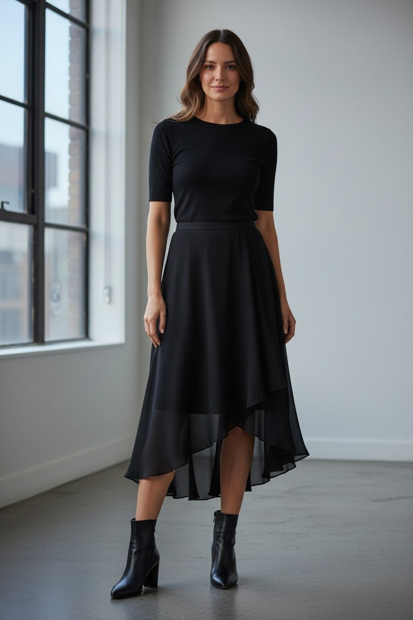 A woman stands indoors by large windows, showcasing a full-length silhouette in the ELEH Asymmetrical Skirt in Black, paired with a black short-sleeve top and black ankle boots.