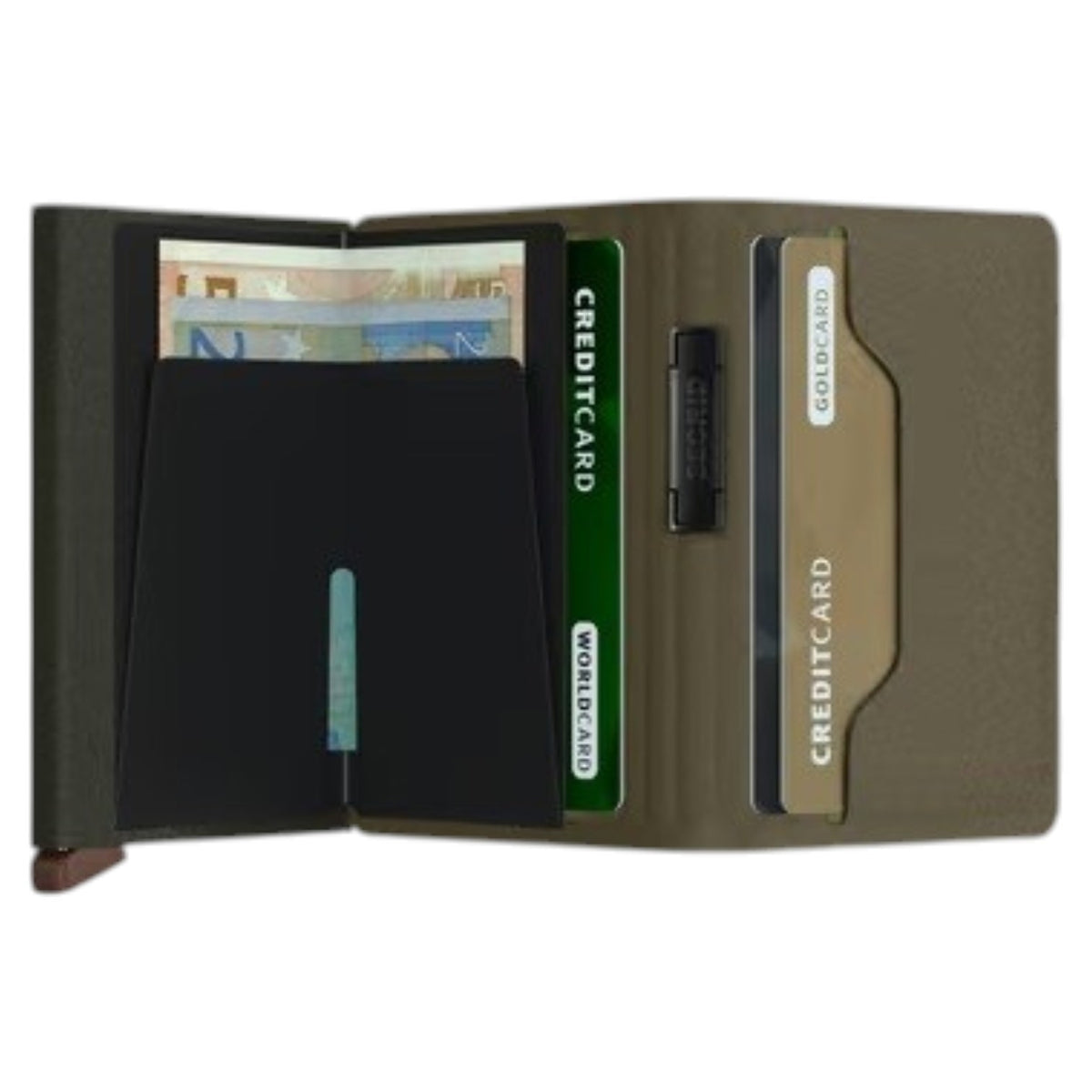 The SECRID - BANDWALLET LIBA® IN GREEN AND ORANGE by SECRID features an open, slim design with visible euro banknotes and three credit cards organized in dedicated slots. This wallet includes sections for both cash and cards and offers RFID protection to keep your information secure.