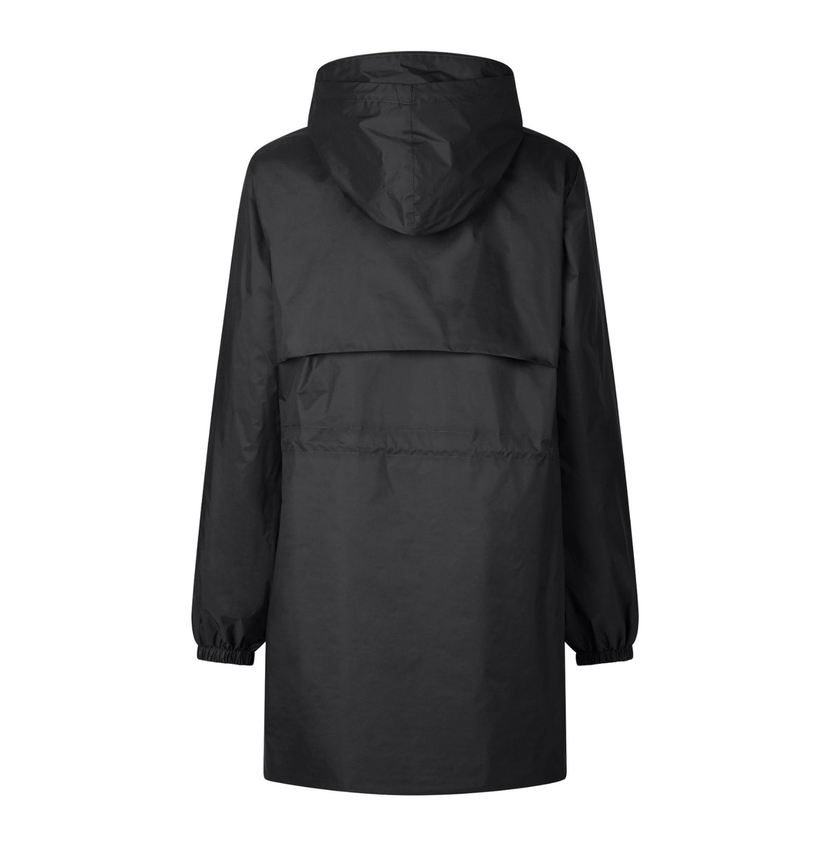 View of the SAVE THE DUCK - FLEUR Lightweight Rain Jacket from the back: a yellow, waterproof, hooded coat made from recycled polyester. It has long sleeves with elastic cuffs, a straight hem, and an overlapping flap detail on the upper back for added style and sustainability.