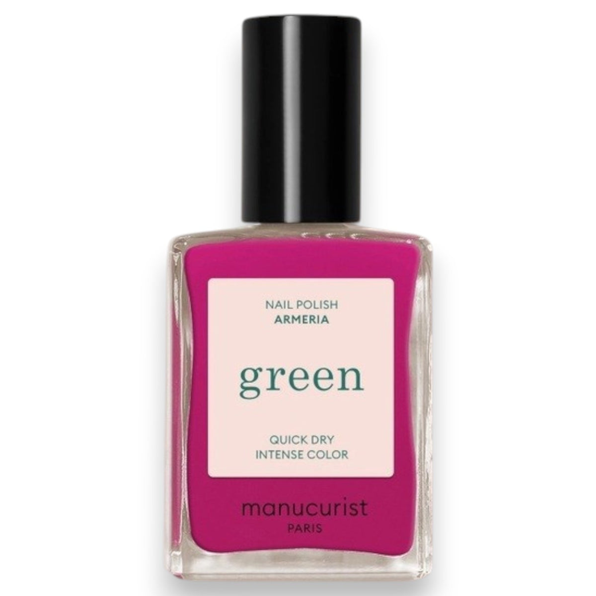 A close-up of MANUCURIST - GREEN™ NAIL POLISH IN ARMERIA by MANUCURIST INC being spread with a brush on a smooth surface, showcasing its vibrant pinky mauve shade, glossy texture, and distinctive curved brushstroke.