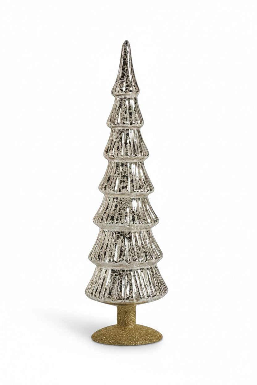Two MIRAMONTI GLASS TREE ON GOLD BASE ornaments, each 15.25 in tall with silver, ribbed glass trees standing on 3.5 in textured gold bases.
