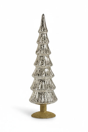 Two MIRAMONTI GLASS TREE ON GOLD BASE ornaments, each 15.25 in tall with silver, ribbed glass trees standing on 3.5 in textured gold bases.