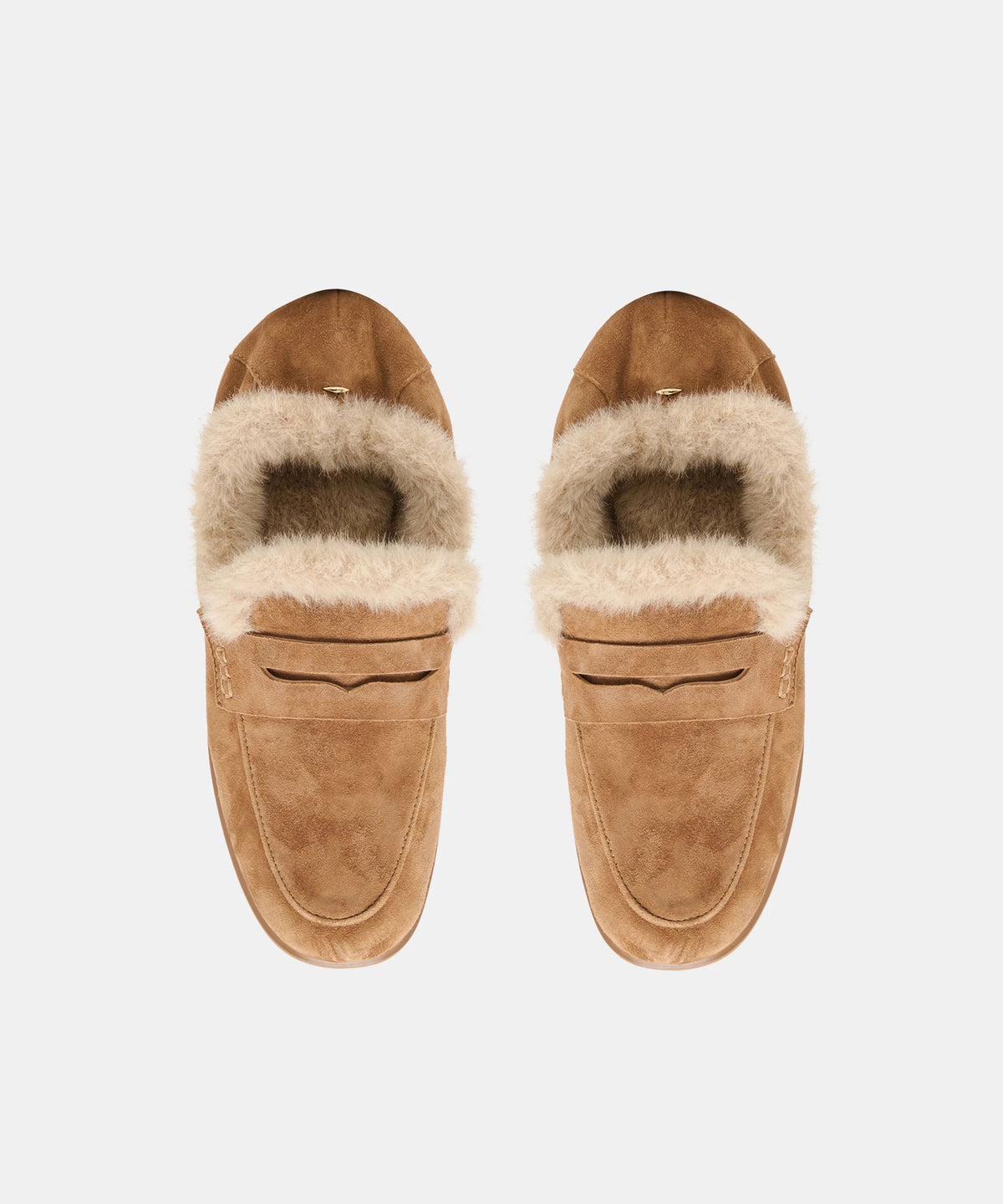 DOLCE VITA - CLOEY PLUSH LOAFERS IN LIGHT BROWN SUEDE light brown suede penny loafers lined with plush faux shearling.