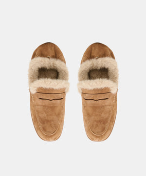 DOLCE VITA - CLOEY PLUSH LOAFERS IN LIGHT BROWN SUEDE light brown suede penny loafers lined with plush faux shearling.