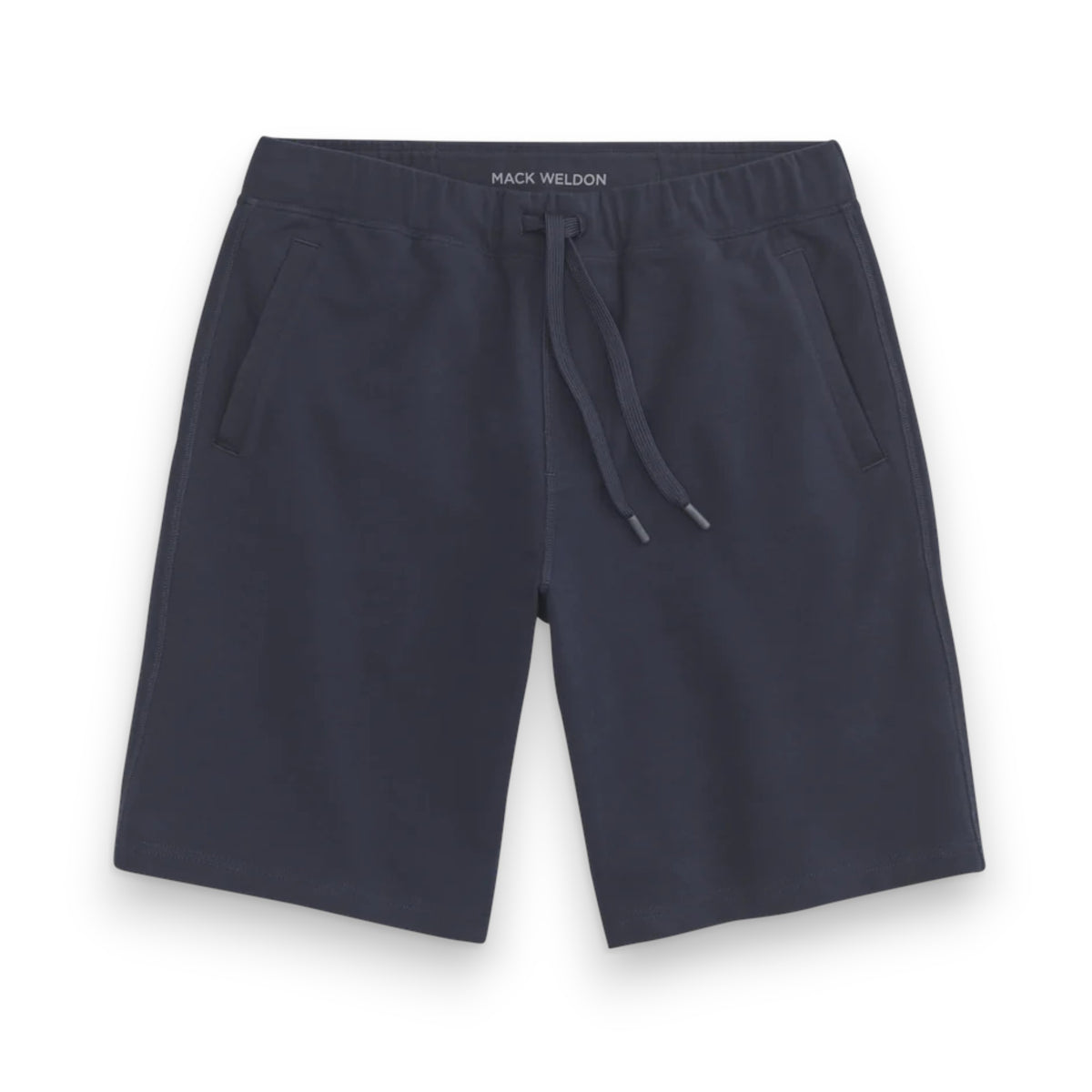The MACK WELDON ACE Sweatshort 9" in navy features French terry fabric, side pockets, an elastic waistband, a tailored fit, and inner "Mack Weldon" branding—all laid flat on a white background for a polished look.