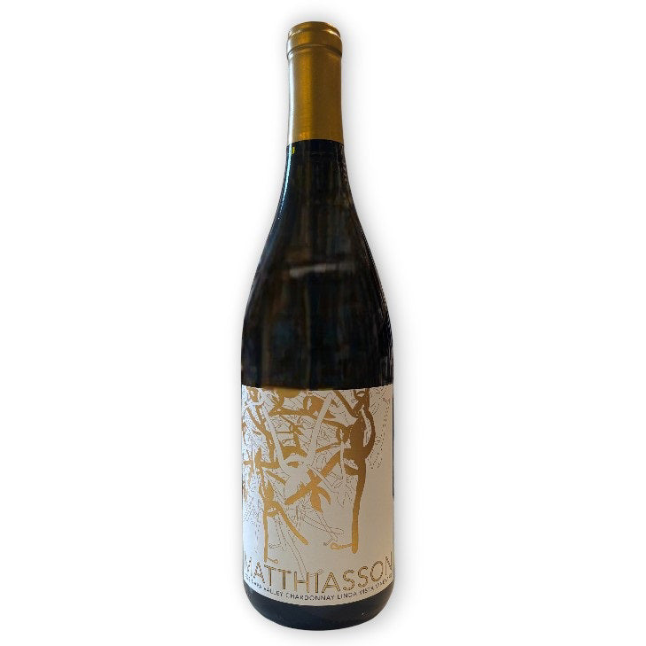 A certified organic MATTHIASSON ‘Linda Vista Vineyard’ Chardonnay 2023 by Wine: Proof, with a gold foil neck and an abstract gold and white label displaying "Matthiasson" at the bottom.