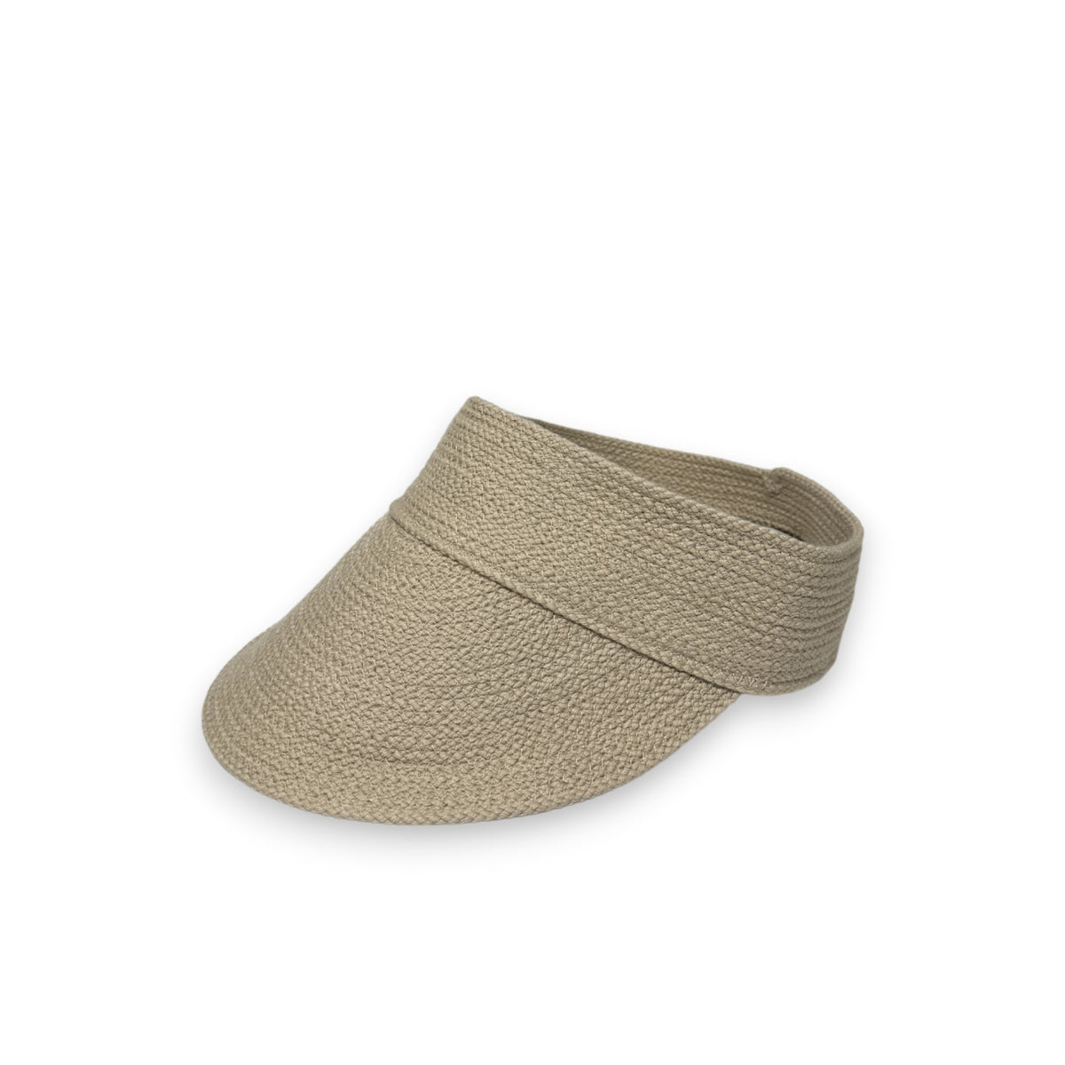 The BEACH HARE - JUNIE VISOR from BEACH HARE is a white woven golf visor featuring a wide, curved brim and an open top. The material showcases a textured weave pattern, and the visor boasts a simple, elegant design perfect for sunny weather on the tennis court. The background is plain white.