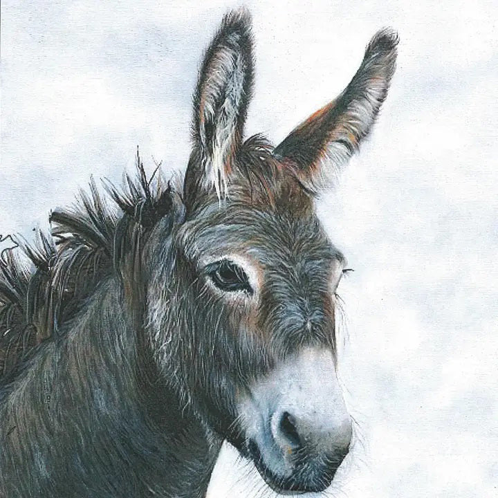 A close-up of a dark brown donkey with large ears and a white muzzle, facing right on a neutral background—featured on 3-ply HONKEY THE DONKEY BEVERAGE NAPKINS by PAPER PRODUCTS DESIGN, made in Germany.