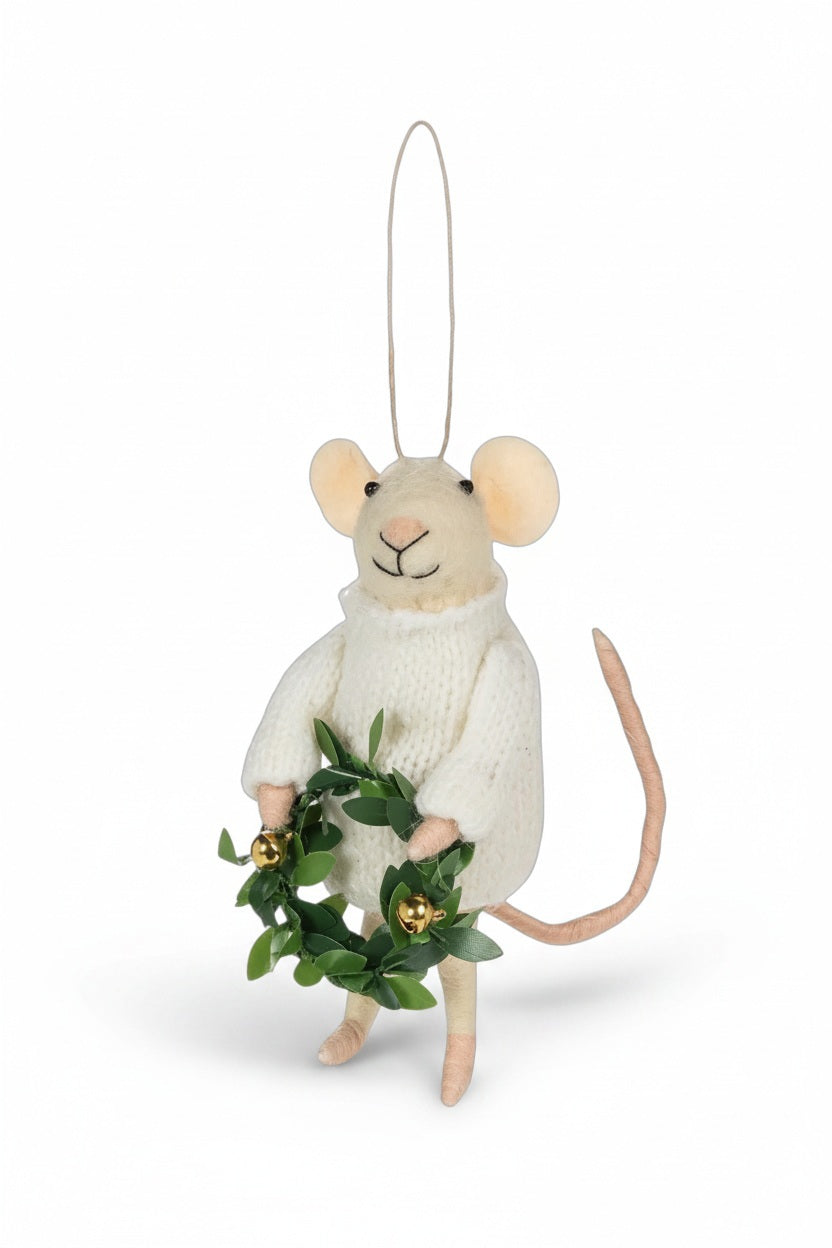 An Abbott MOUSE WITH WREATH ORNAMENT, a wool felt mouse wearing a white sweater and holding a small green wreath with two gold bells.