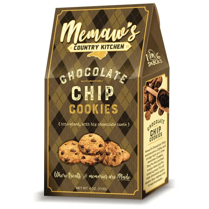 A box of MEMAWS COUNTRY KITCHEN - CHOCOLATE CHIP COOKIES by 1 IN 6 SNACKS. The packaging is brown with a diamond pattern, featuring images of homemade cookies and text that reads "bittersweet, with big chocolate taste" and "Where treats &amp; memories are made." The net weight is 4 oz (113g). An American classic.