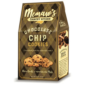 A brown, diamond-patterned box labeled "MEMAWS COUNTRY KITCHEN - CHOCOLATE CHIP COOKIES" by 1 IN 6 SNACKS features images of classic American cookies and offers homemade cookies with rich chocolate flavor. Net weight: 4 oz (113g).