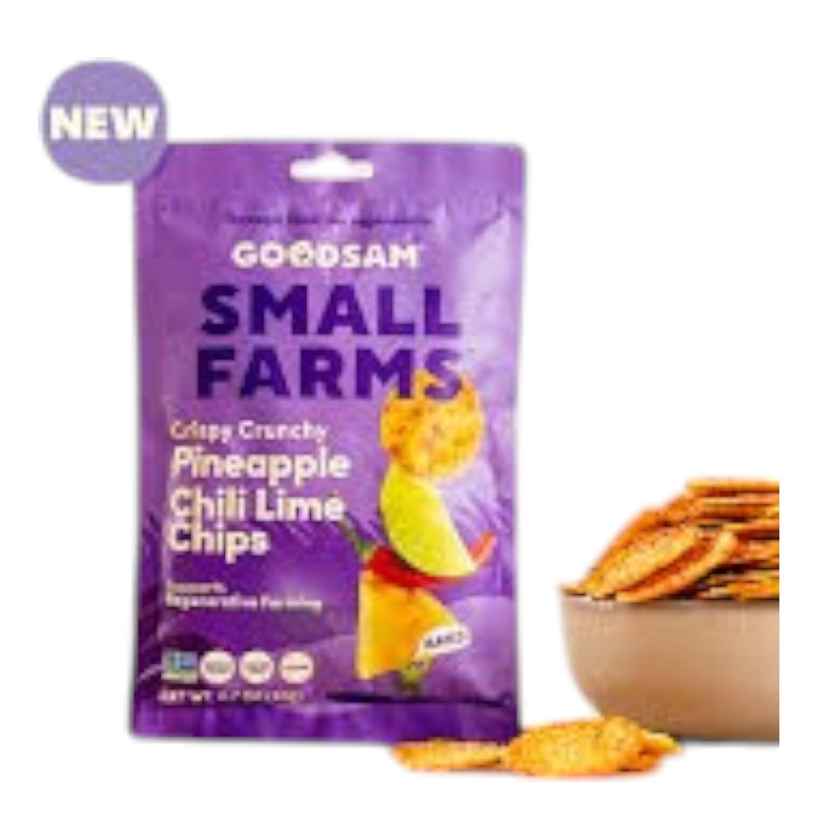 A purple package of GOODSAM FOODS CRUNCHY PINEAPPLE CHILI LIME FRUIT CHIPS shows images of a chip, pineapple, chili, and lime. The baked vegan chips support regenerative farming.