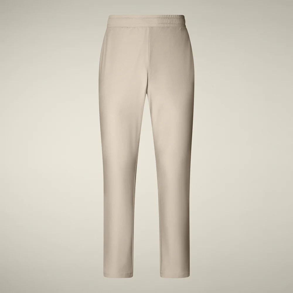 SAVE THE DUCK - MICHAEL MEN'S TECH TROUSERS: Beige straight-leg men’s pants from SAVE THE DUCK, featuring an elastic waistband and crease-resistant stretch fabric, shown on a plain light background.