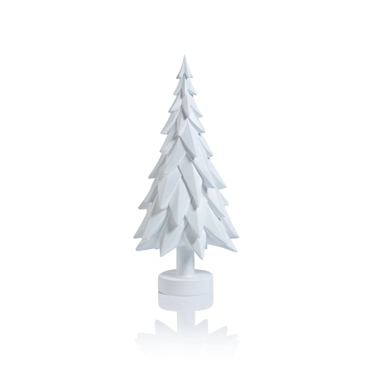 The ZODAX MATTE WHITE DECORATIVE TREE - MEDIUM features angular, layered resin branches on a round base, shown against a white background. A modern accent for any space—contact us for dimensions.