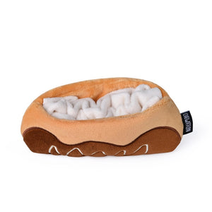 Introducing the CHOCOLATE ÉCLAIR SNUFFLE & CRINKLE DOG TOY from CHEWFFON—a plush, pastry-inspired enrichment toy featuring a soft white interior. This interactive dog toy is gentle on noses and designed for hiding small, colorful treats, encouraging your pup to sniff and search for rewards.
