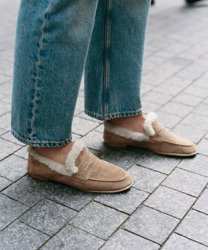 DOLCE VITA - CLOEY PLUSH LOAFERS IN LIGHT BROWN SUEDE light brown suede penny loafers lined with plush faux shearling.