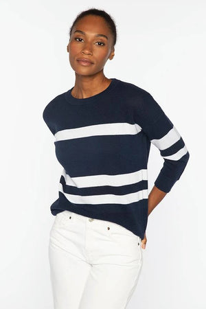 The KINROSS CASHMERE Mesh Stripe Crew Neck Cotton Sweater features navy blue with white horizontal stripes, a crew neckline, and long sleeves. Made from a soft cotton-cashmere blend, displayed on a plain white background.