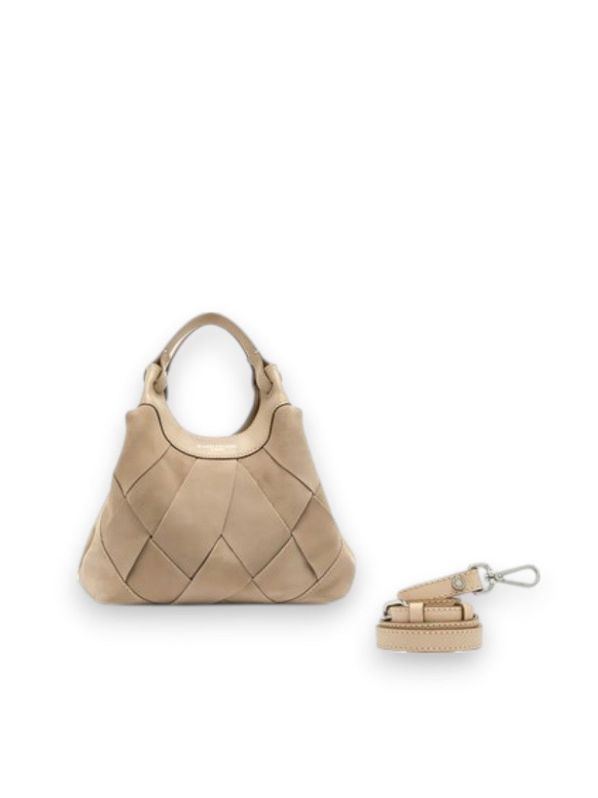 The GIANNI CHIARINI Woven Dua Handbag in nude features a geometric weave, rounded handles, and comes with a matching detachable shoulder strap, shown beside it on a white background.