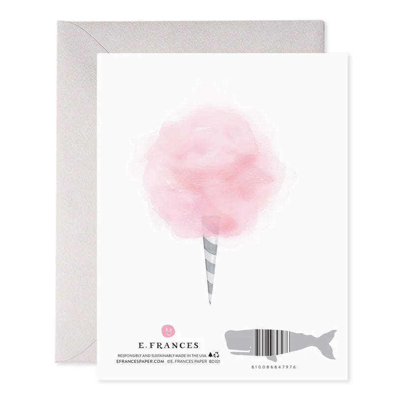 The E. FRANCES PAPER - COTTON CANDY BIRTHDAY CARD features a handcrafted pink cotton candy illustration with "Sweet Birthday Wishes" embossed in gold. It comes with a plain grey envelope and is printed on luxurious paper for added elegance.