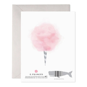 The E. FRANCES PAPER - COTTON CANDY BIRTHDAY CARD features a handcrafted pink cotton candy illustration with "Sweet Birthday Wishes" embossed in gold. It comes with a plain grey envelope and is printed on luxurious paper for added elegance.
