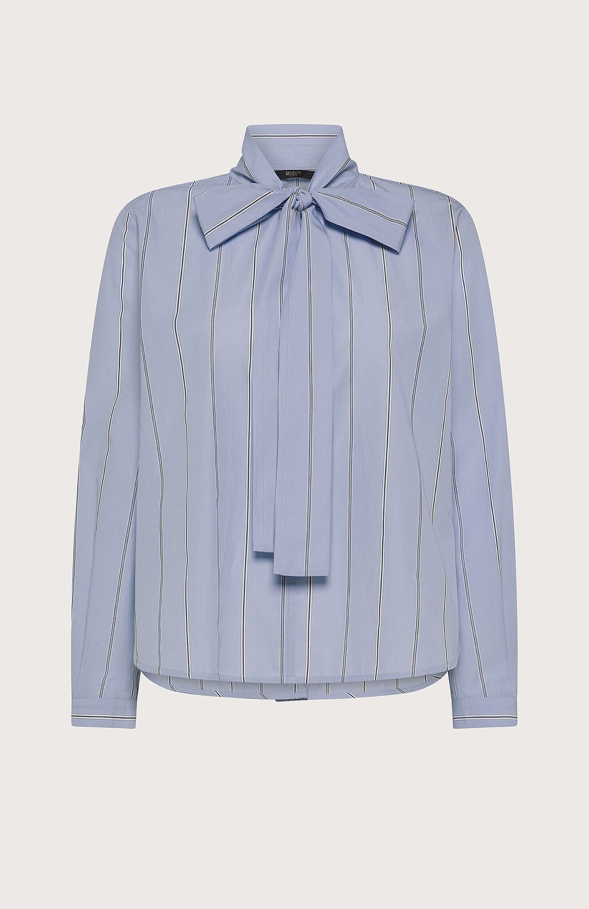 The SEVENTY VENEZIA - BLUE STRIPE SHIRT by SEVENTY features thin white vertical stripes, a chic bow tie collar, and an elegant high neck.