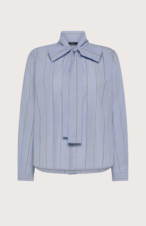 The SEVENTY VENEZIA - BLUE STRIPE SHIRT by SEVENTY features thin white vertical stripes, a chic bow tie collar, and an elegant high neck.
