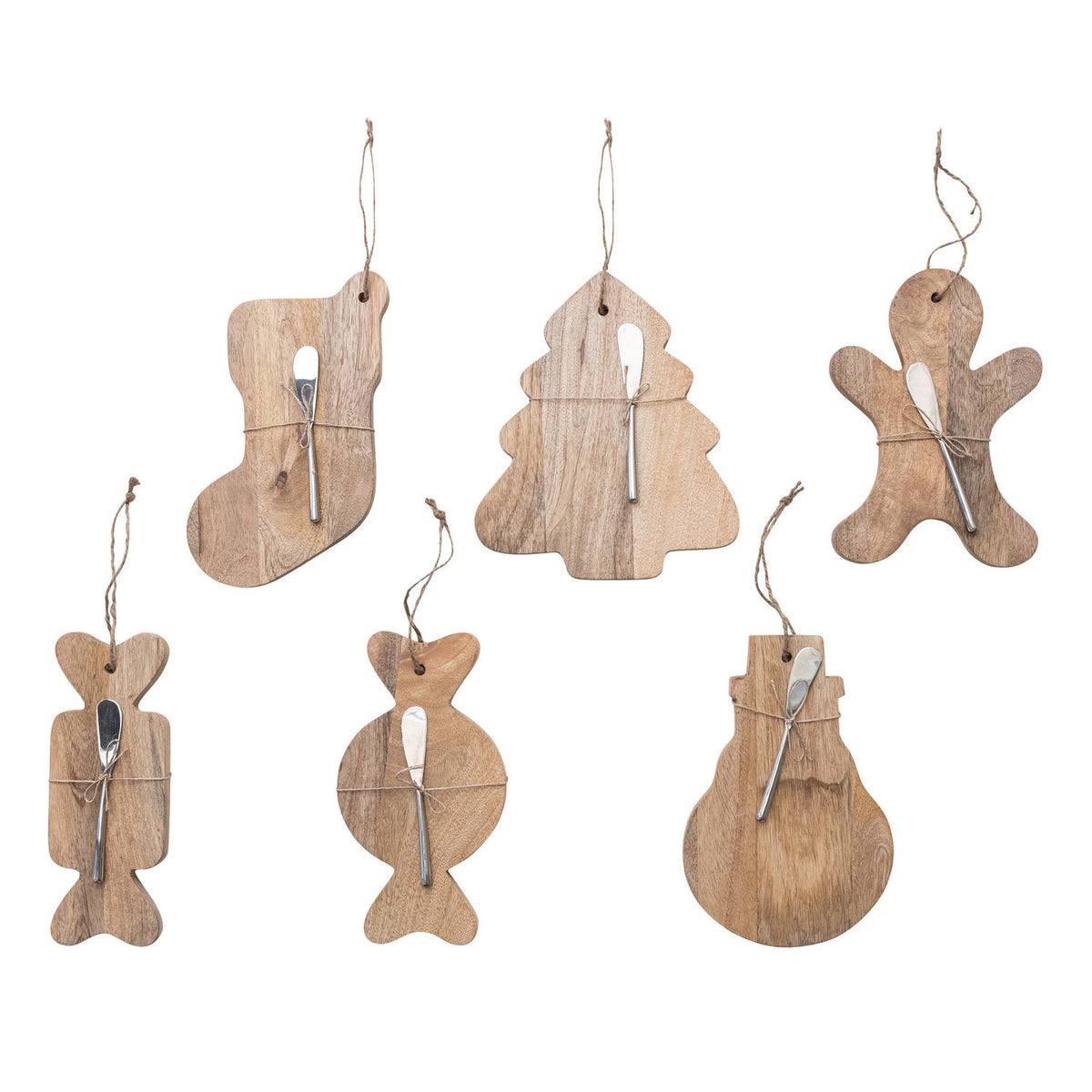 The CREATIVE COOP MANGO WOOD BOARD WITH CANAPE KNIFE features festive Christmas ornament shapes, each with a canape knife attached and a hanging string—ideal for decorating or gifting.