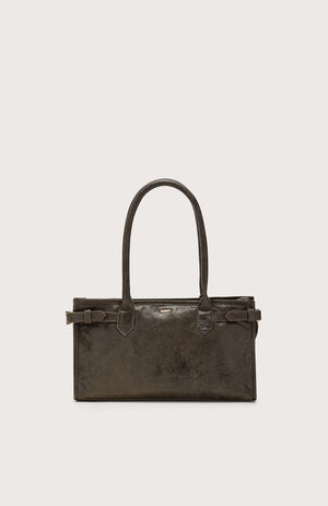 The SEVENTY VENEZIA Leather Handbag by SEVENTY is dark brown Italian leather, rectangular, with double handles, small side buckles, and a subtle front metallic logo, shown on a plain light background.