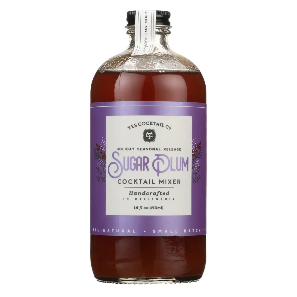 A 16 fl oz bottle of YES COCKTAIL CO - SUGAR PLUM COCKTAIL MIXER by YES COCKTAIL CO., an all-natural, handcrafted in California holiday seasonal release featuring a purple label.