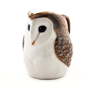The QUAIL CERAMICS - BARN OWL JUG by QUAIL DESIGNS is a handpainted stoneware mug with brown and white detail, large black eyes, feather texture, a back handle, and is dishwasher safe. Shown against a white background.