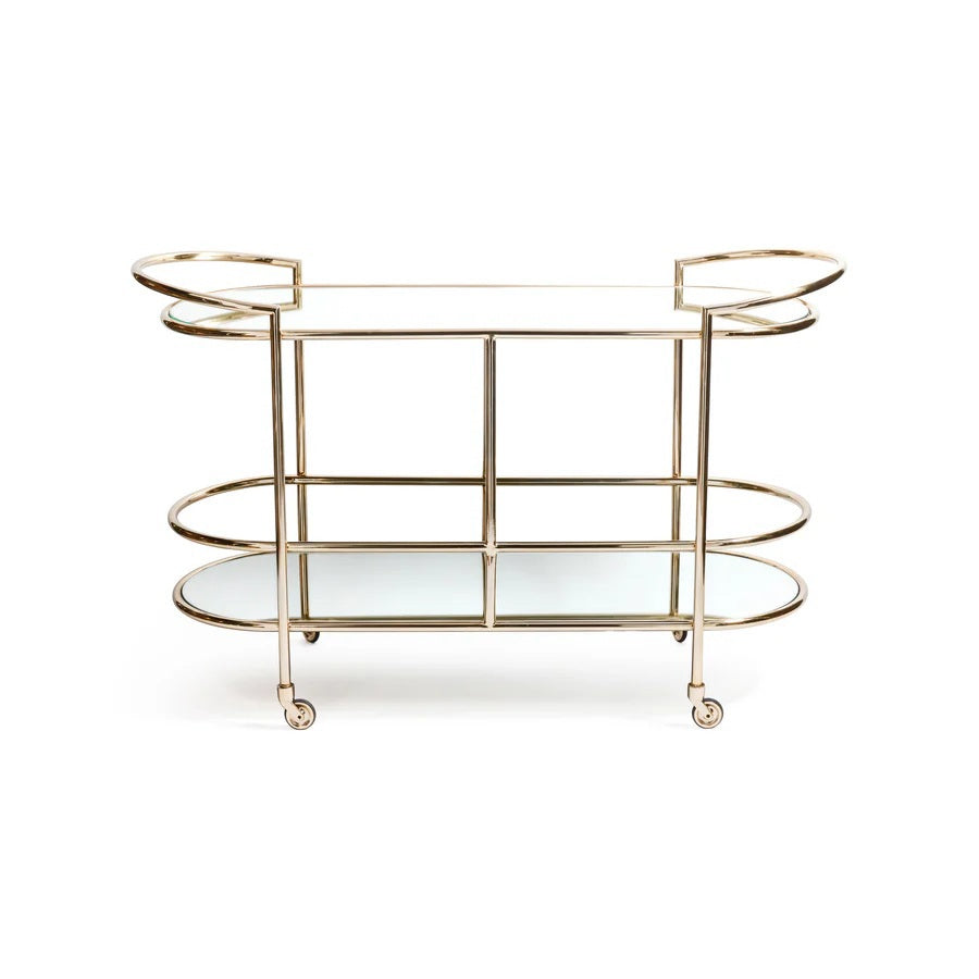 The ZODAX CONSOLE BAR CART showcases a minimalistic design with a shiny gold metal frame, mirrored shelves, curved corners, and clean lines—making it a stylish serving station for any modern space.