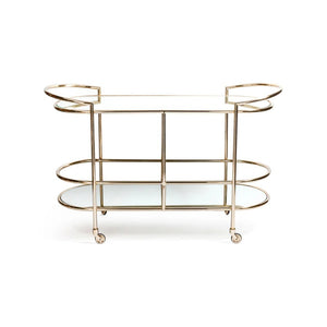 The ZODAX CONSOLE BAR CART showcases a minimalistic design with a shiny gold metal frame, mirrored shelves, curved corners, and clean lines—making it a stylish serving station for any modern space.