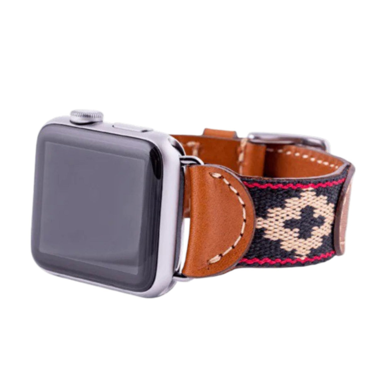 The LA MATERA - CORBINA Apple Watch Band in silver pairs artisan brown leather with a black fabric section, beige geometric pattern, and red stitching.