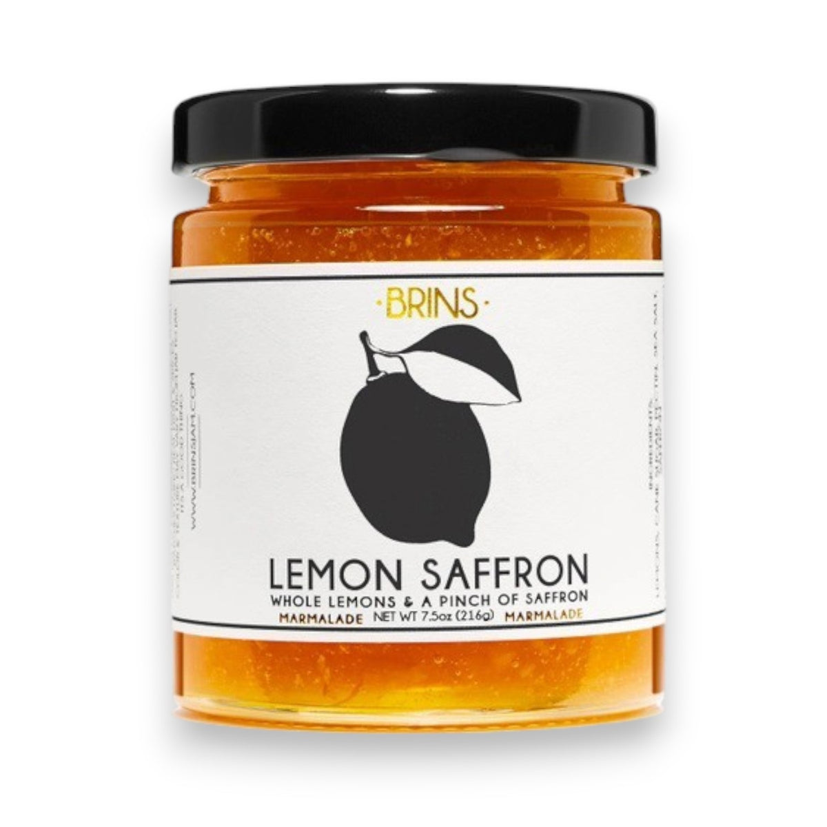 A jar labeled “BRINS - LEMON SAFFRON MARMALADE” from BRINS, garnished with a lemon slice, sits against a light beige background. The jar holds a vibrant yellow marmalade crafted from whole fresh lemons and infused with aromatic saffron for a bright, floral flavor.