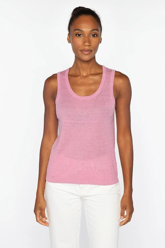 The KINROSS CASHMERE Rib Linen Tank by KINROSS is a sleeveless, ribbed knit top in light mauve/dusty pink, made from 100% linen. It features a round neckline and a slightly fitted shape, shown on a white background.