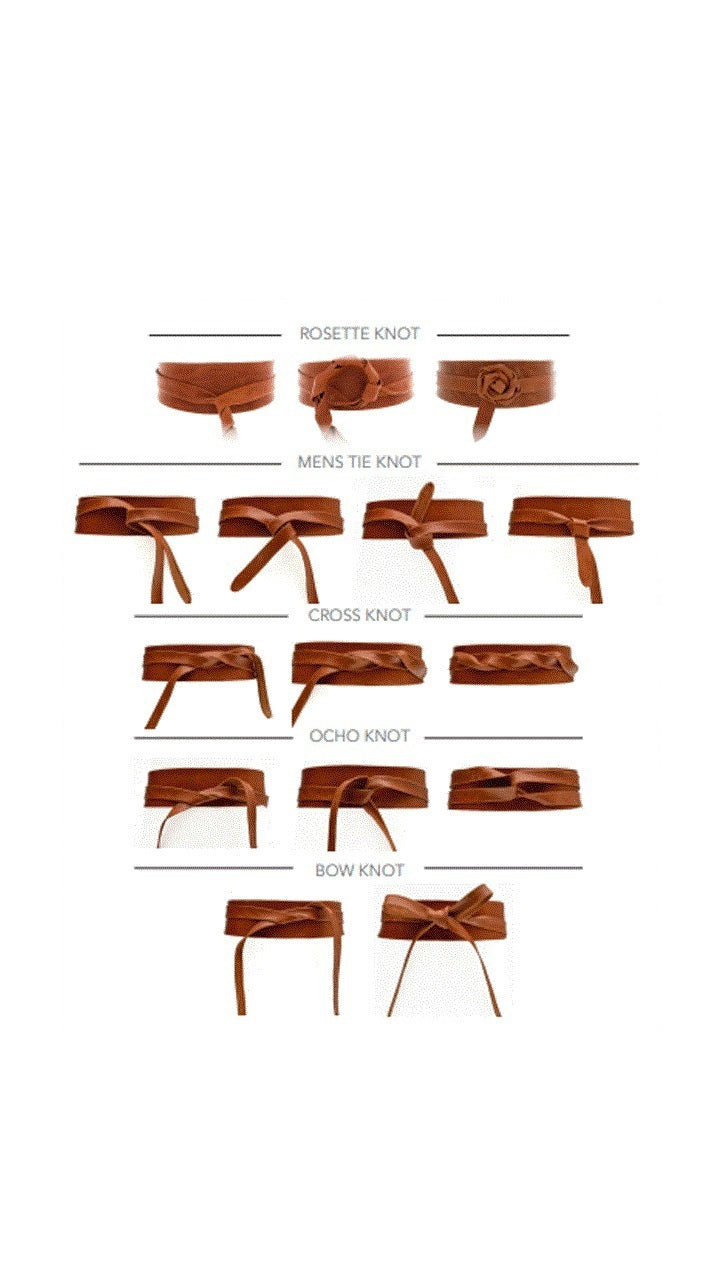 ADA - LEATHER WRAP BELT IN TOFFEE, a tan leather belt featuring a large rose-shaped accent at the center, worn over a cream-colored dress as a versatile one-size accessory.