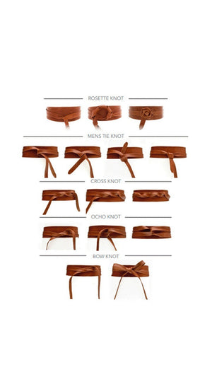 ADA - LEATHER WRAP BELT IN TOFFEE, a tan leather belt featuring a large rose-shaped accent at the center, worn over a cream-colored dress as a versatile one-size accessory.