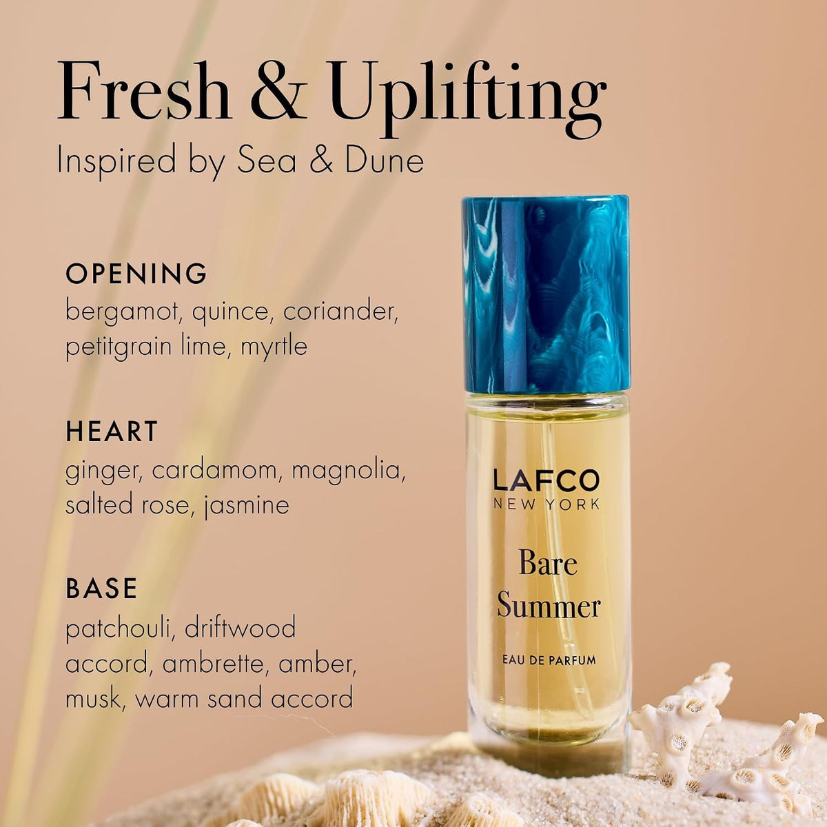 A clear glass perfume bottle labeled “LAFCO - FINE FRAGRANCE, BARE SUMMER 10ML” from LAFCO, topped with a turquoise marbled cap, this essential oil fragrance features an elegant blend that’s both refreshing and modern.