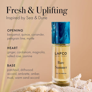 A clear glass perfume bottle labeled “LAFCO - FINE FRAGRANCE, BARE SUMMER 10ML” from LAFCO, topped with a turquoise marbled cap, this essential oil fragrance features an elegant blend that’s both refreshing and modern.