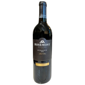 A bottle of ROSEMONT ‘KILVAROCK’ MERLOT BLEND 2022 from WINE: OCEAN SOUTH IMPORTS, featuring a black label with gold accents, photographed against a white background—an elegant Virginia red wine crafted as a refined Merlot blend.